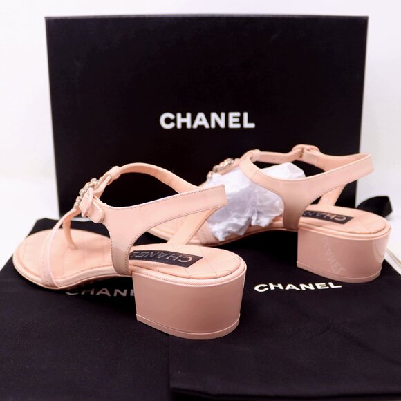 Chanel 37.5 T Strap Thong Sandals Light Pink 23C Chain CC - Picture 6 of 12